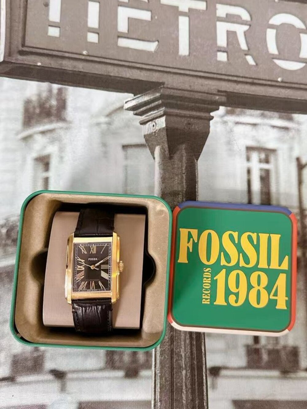 Fossil Carraway FS6091 Rectangular Gold Tone Leather Watch Black Dial